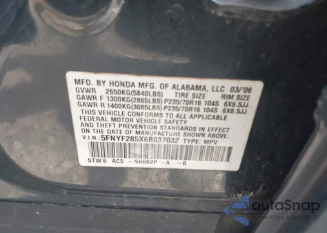 2006 Honda Pilot Ex-L из США, поврежденный, VIN 5FNYF285X6B037032